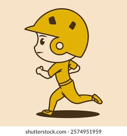 Baseball chibi mascot character with helm in running pose in yellow retro colors