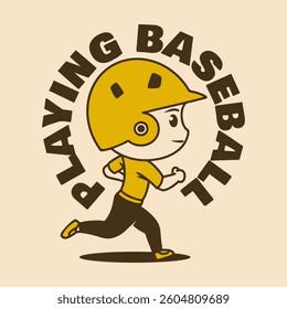 Baseball chibi mascot character with helm in running pose with text