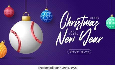 baseball Christmas card. Merry Christmas sport greeting card. Hang on a thread baseball ball as a xmas ball and colorful bauble on purple horizontal background. Sport Vector illustration.