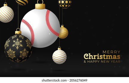 baseball Christmas card. Merry Christmas sport greeting card. Hang on a thread baseball ball as a xmas ball and golden bauble on black horizontal background. Sport Vector illustration.
