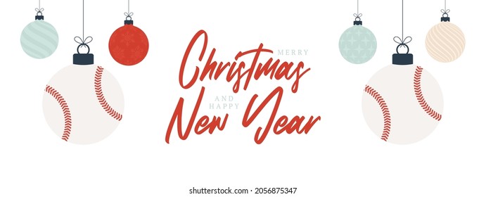 baseball christmas greeting card. Merry Christmas and Happy New Year flat cartoon Sports banner. baseball ball as a xmas ball on background. Vector illustration.