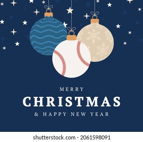 baseball christmas greeting card. Merry Christmas and Happy New Year flat cartoon Sports banner. baseball ball as a xmas ball on background. Vector illustration.