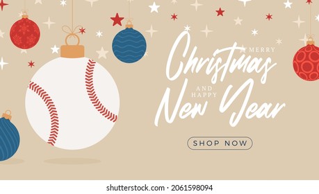 baseball christmas greeting card. Merry Christmas and Happy New Year flat cartoon Sports banner. baseball ball as a xmas ball on background. Vector illustration.