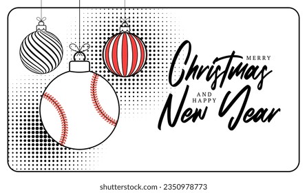 Baseball christmas greeting card in trendy line style. Merry Christmas and Happy New Year outline cartoon Sports banner. Baseball ball as a xmas ball on white background. Vector illustration..