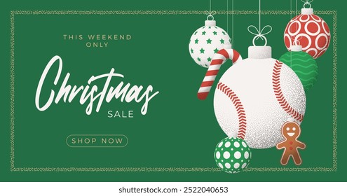 baseball Christmas Greeting grainy card. Merry Christmas and happy new year sport retro greeting card. Hang on a thread xmas ball bauble on noise green stipple background..