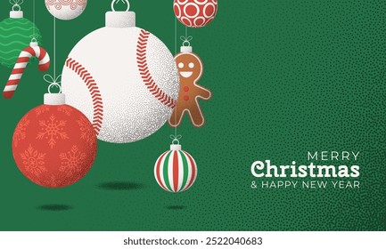 baseball Christmas Greeting grainy card. Merry Christmas and happy new year sport retro greeting card. Hang on a thread xmas ball bauble on noise green stipple background..