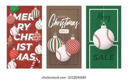 baseball Christmas Greeting grainy card set. Vertical Merry Christmas and happy new year sport retro greeting card. Hang on a thread xmas ball bauble on noise stipple background..