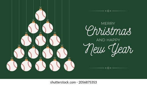 baseball Christmas and new year greeting card bauble tree. Creative Xmas tree made by baseball ball on black background for Christmas and New Year celebration. Sport greeting card
