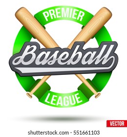 Baseball Circle label. Ribbon and tag with wooden bats. Sporting Symbol and mascot. Vector Illustration Isolated on white background.