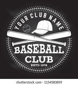Baseball club badge on the chalkboard. Vector illustration. Concept for shirt or logo, print, stamp or tee. Vintage typography design with baseball bats, cap and ball for baseball silhouette.