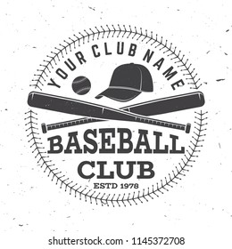 Baseball club badge. Vector illustration. Concept for shirt or logo, print, stamp or tee. Vintage typography design with baseball bats, cap and ball for baseball silhouette.