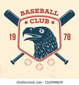 Baseball club badge. Vector illustration. Concept for shirt or logo, print, stamp or tee. Vintage typography design with baseball bats, eagle and ball for baseball silhouette.
