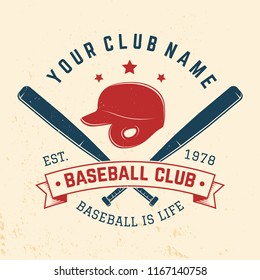 Baseball club badge. Vector illustration. Concept for shirt or logo, print, stamp or tee. Vintage typography design with baseball bats and helment silhouette.