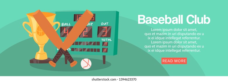 Baseball club banner, flyer vector illustration. Sport tournament accessories. Electronic board with score. Winner of championship. Getting victory cup. Equipment such as bat and ball.