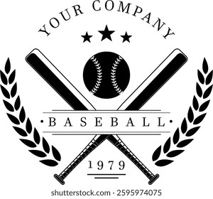 Baseball Club Emblem with Crossed Bats, Ball, Stars, and Laurel Wreath. Vintage Sports Badge Design. Vector Hand Drawn Illustration Isolated On Transparent Background