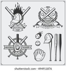 Baseball club emblems, labels and design elements. Baseball player, balls, helmets and bats. Baseball player, ball, helmet, glove and bat.