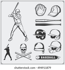 Baseball club emblems, labels and design elements. Baseball player, balls, helmets and bats. Baseball player, ball, helmet, glove and bat.