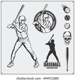 Baseball club emblems, labels and design elements. Baseball player, balls, helmets and bats. Baseball player, ball, helmet, glove and bat.