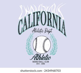 Baseball club vector t-shirt design. California baseball league graphic print design. Champion tournament. Baseball college league. Vintage artwork for sportswear. Sport logo. College font.