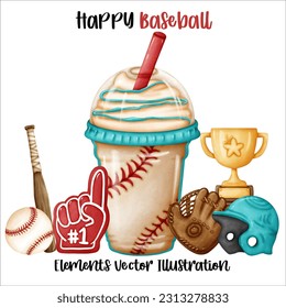 Baseball Coffee mug Trophy cheer Element Watercolor Vector File ,Clipart cartoon vintage-Retro style For banner, poster, card, t shirt, sticker