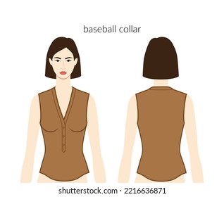 Baseball collar neckline henley plackets clothes character in brown top, shirt, dress technical fashion illustration with fitted body. Flat apparel template front, back sides. Women, men CAD mockup