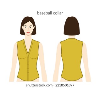 Baseball collar neckline plackets clothes character beautiful lady in top, shirt, dress technical fashion illustration, fitted. Flat apparel template front, back sides. Women, men unisex CAD mockup