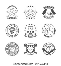 Baseball college league softball winners club graphic labels set with pitch glove abstract black isolated vector illustration