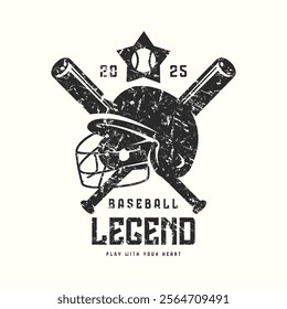 Baseball college legend emblem with rough texture. Graphic design for t-shirt. Black print on white background