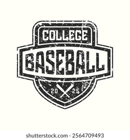 Baseball college team typographic emblem with rough texture. Graphic design for t-shirt. Black print on white background