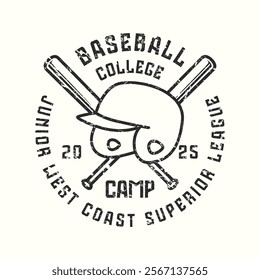 Baseball college team typographic emblem with rough texture. Thin line style design for t-shirt. Black print on white background