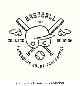 Baseball college team typographic emblem with rough texture. Thin line style design for t-shirt. Black print on white background