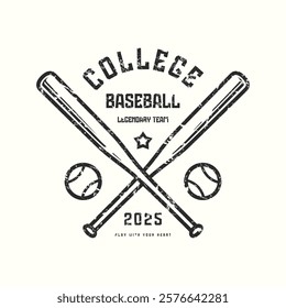 Baseball college team typographic emblem with rough texture. Thin line style design for t-shirt. Black print on white background