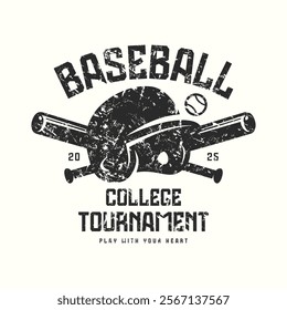 Baseball college tournament typographic emblem with rough texture. Graphic design for t-shirt. Black print on white background