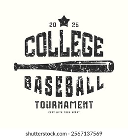 Baseball college tournament typographic emblem with rough texture. Graphic design for t-shirt. Black print on white background