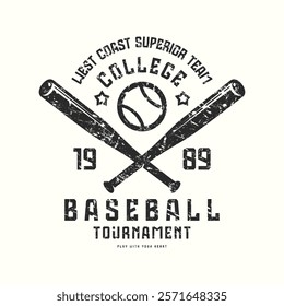 Baseball college tournament typographic emblem with rough texture. Graphic design for t-shirt. Black print on white background