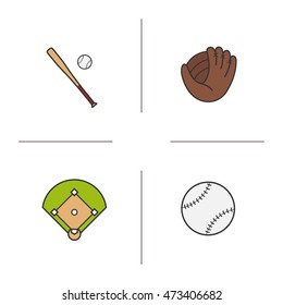 Baseball color icons set. Bat and ball, mitt, field. Softball equipment. Isolated vector illustrations