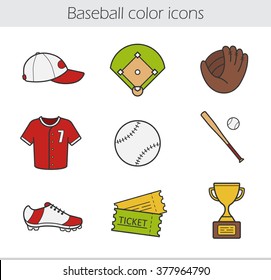 Baseball color icons set. Baseball cap, shirt and shoes. Softball mitt and ball. Baseball bat, award cup and tickets. Baseball field, equipment and uniform. Logo concepts. Vector isolated illustration