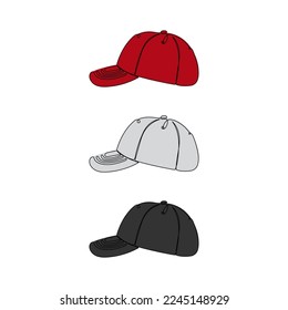Baseball colored caps. One line art. Sport hat. Travel accessory, hiking clothes. Hand drawn vector illustration.