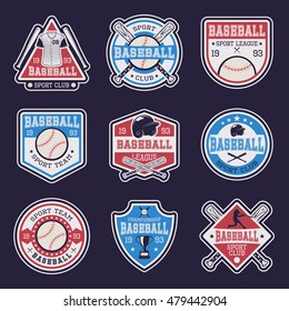 Baseball colored emblems of clubs and competitions with sports equipment on dark blue background isolated vector illustration 