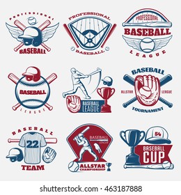 Baseball colored emblems of teams and tournaments with trophy sports field and outfit isolated vector illustration