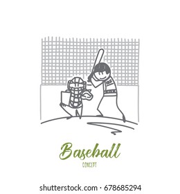 Baseball concept. Hand drawn people playing baseball. Players at field with ball and baseball bat isolated vector illustration.