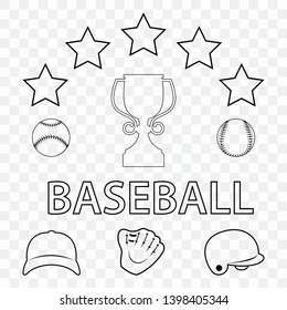 Baseball concept, set of silhouettes on a transparent background for print, plotter, laser cutting  or for paper cutting. Collection of silhouettes: helmet, ball, player, bat, baseball cap.