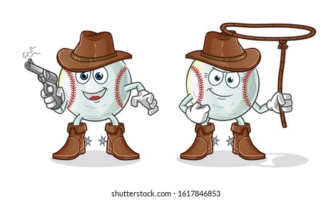 baseball cowboy wearing hat and playing gun and lasso cartoon. cute chibi cartoon mascot vector