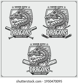 Baseball, cricket and hockey logos and labels. Sport club emblems with dragon. Print design for t-shirt.
