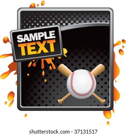 baseball and crossed bats on black halftone advertisement
