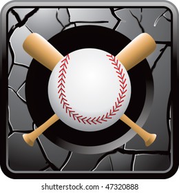 baseball and crossed bats on gray cracked web button