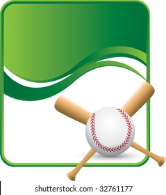 baseball and crossed bats on green wave background