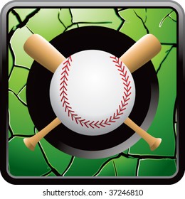 baseball and crossed bats on green cracked web button