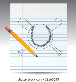 baseball and crossed bats on notebook paper with pencil