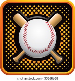 baseball and crossed bats on orange and black halftone web button